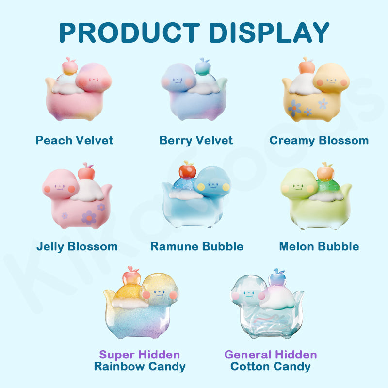 Various colorful plush toys with names on a light blue background