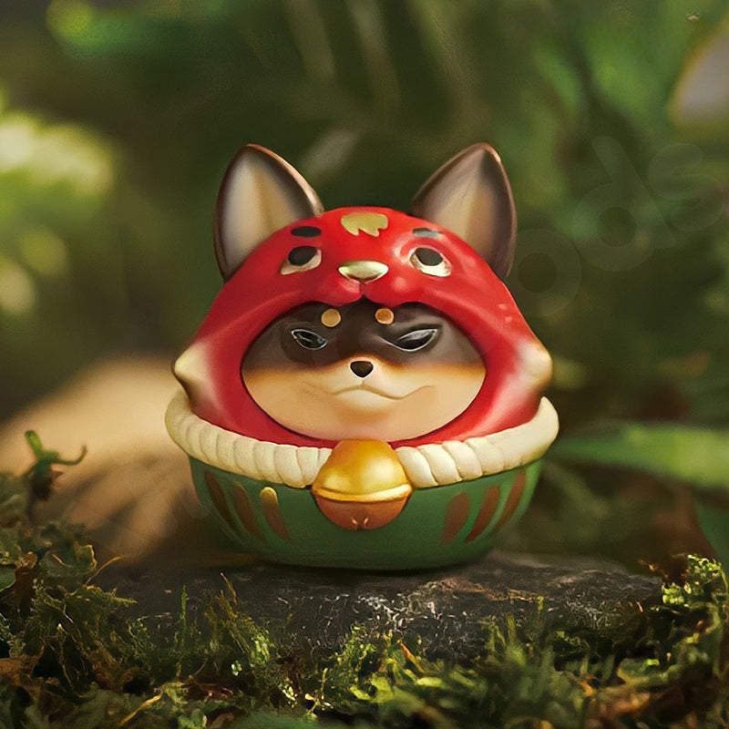 Toy figure of a dog wearing a red mushroom hat in a forest setting