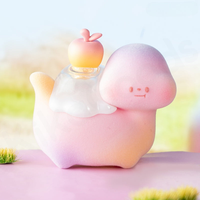 Cute pink and white character with a small apple on a soft, blurred background