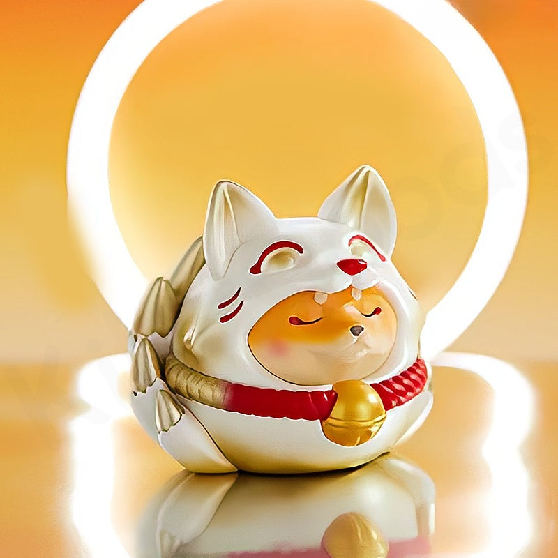 Cute cartoon-style dog figurine with a bell on a warm-toned background