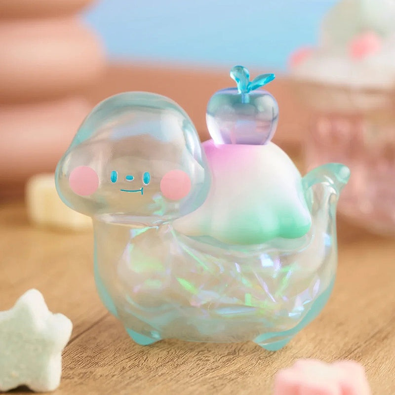 Holographic cloud-shaped object with a small apple on a wooden surface