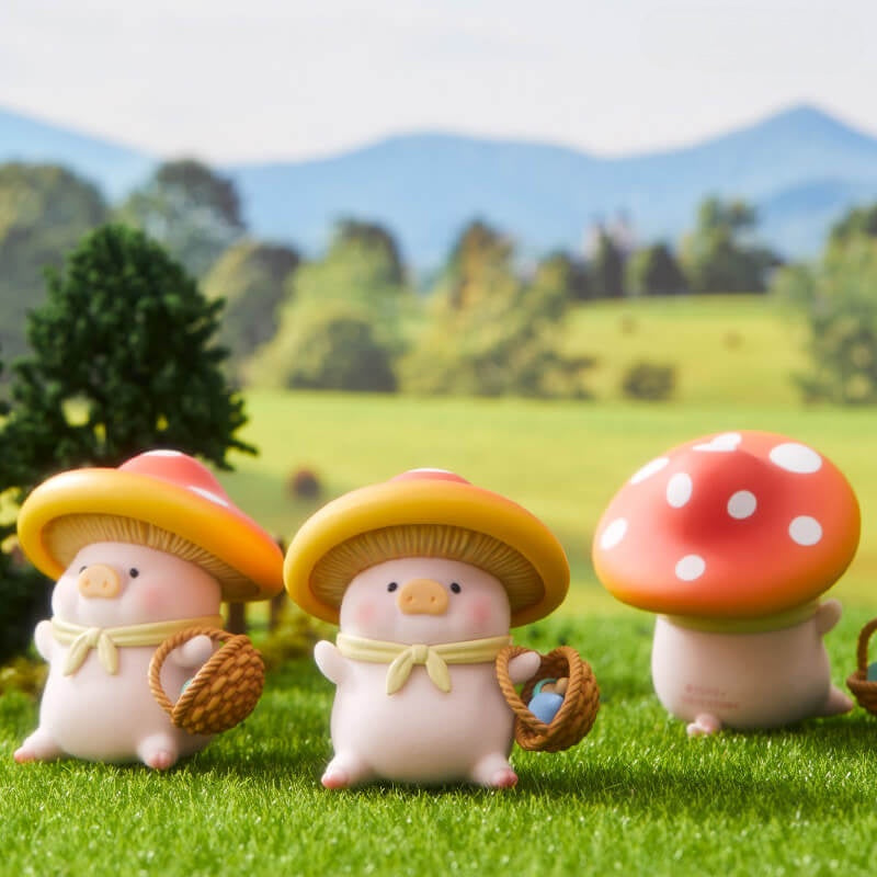 Three cartoonish mushroom characters with colorful hats on a grassy field with a scenic background.