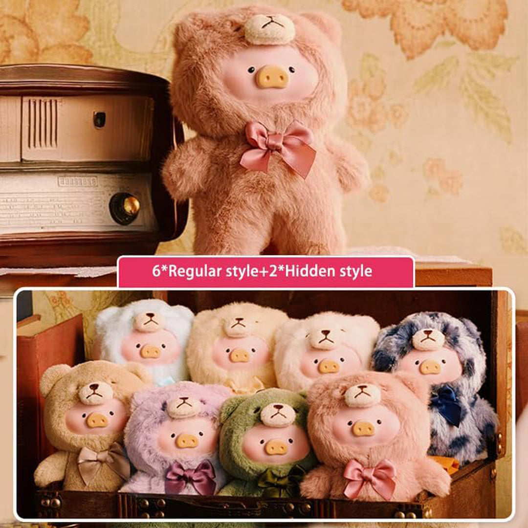 Plush toy bear with a bow tie in front of a vintage radio, with additional plush toys displayed below.