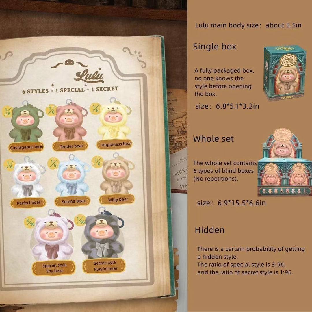 Product packaging with illustrations of bears in various costumes and text about box sizes and contents.