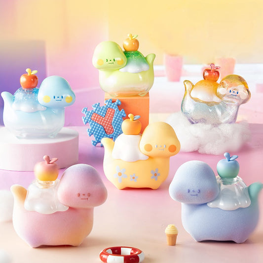 Colorful toy figures on a pastel background