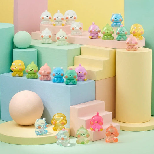 Colorful toy figures on a pastel geometric background