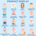 Illustrations of various character names with different poses and outfits on a blue background.