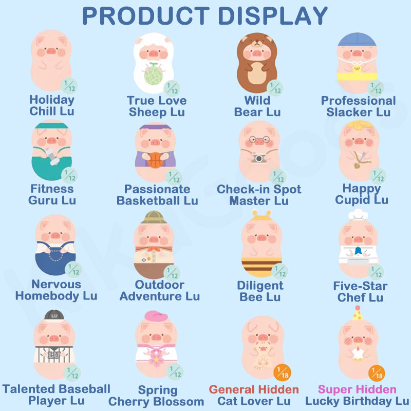 Illustrations of various character names with different poses and outfits on a blue background.