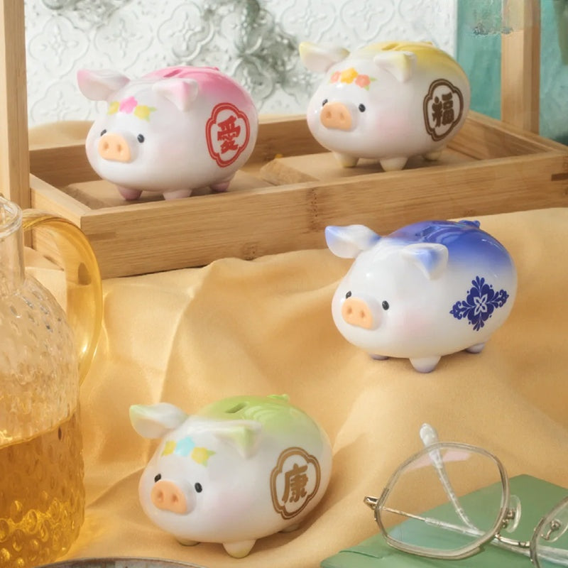 Four small pig-shaped ceramic figurines with different colored backs on a wooden stand.