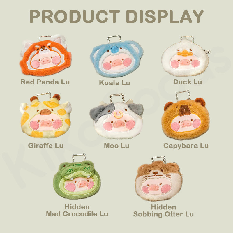Set of cute animal-themed pouches with names on a light background