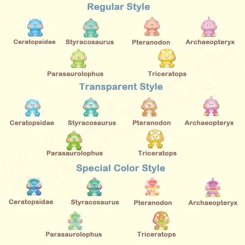 Illustrations of dinosaurs in different styles on a beige background