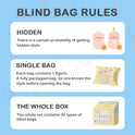 Rules for blind bags displayed on a blue background with illustrations of figures and packaging.