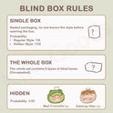 Blind box rules with illustrations and text on a beige background