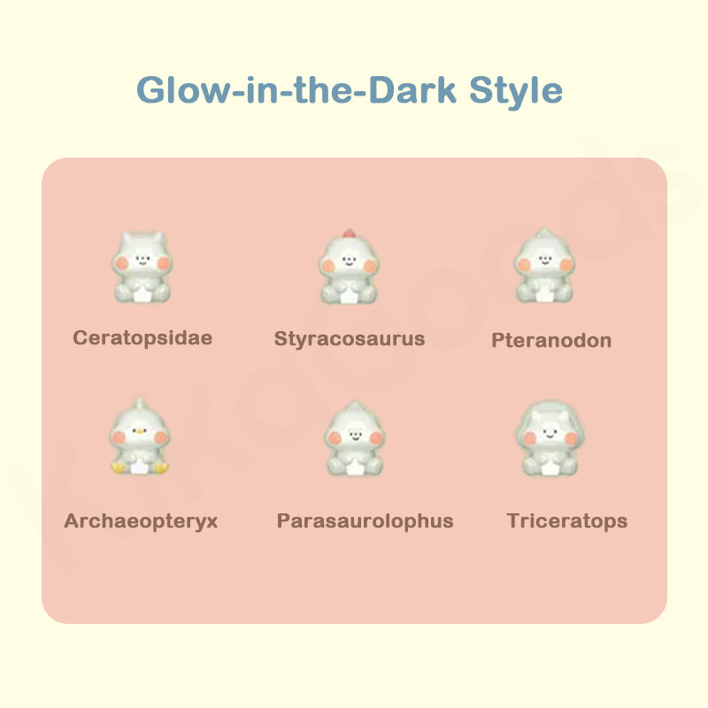 Glow-in-the-dark dinosaur figurines with labels on a pink background
