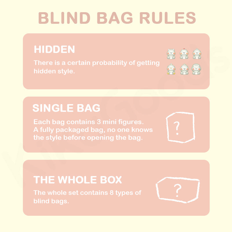 Blind bag rules with illustrations and text on a pink background