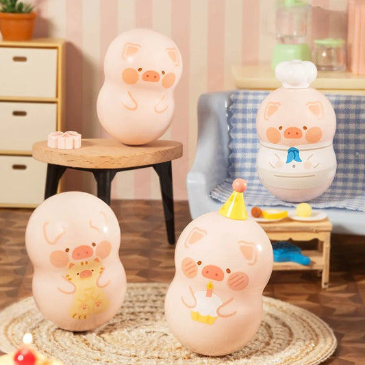 Four cute pig-shaped night lights in a room setting with furniture and decor.