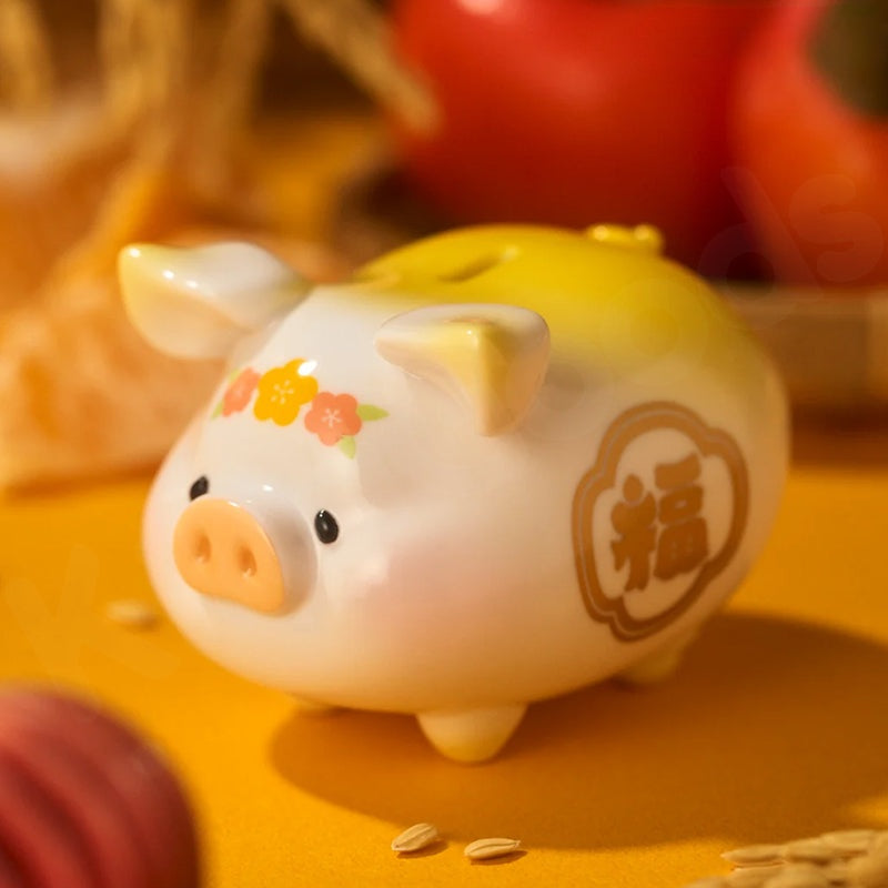 Ceramic piggy bank with decorative elements on a warm-toned background