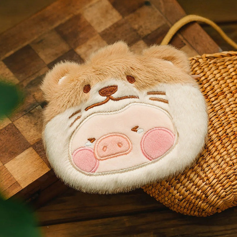 Plush toy with a face design on a woven surface