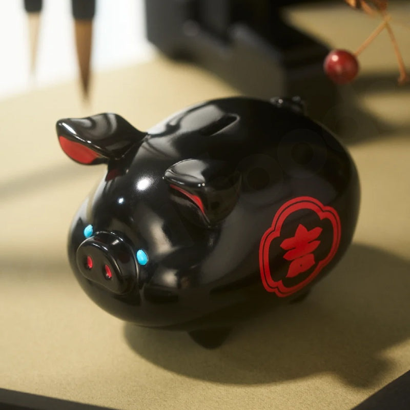 Black pig-shaped object with red design on a beige surface