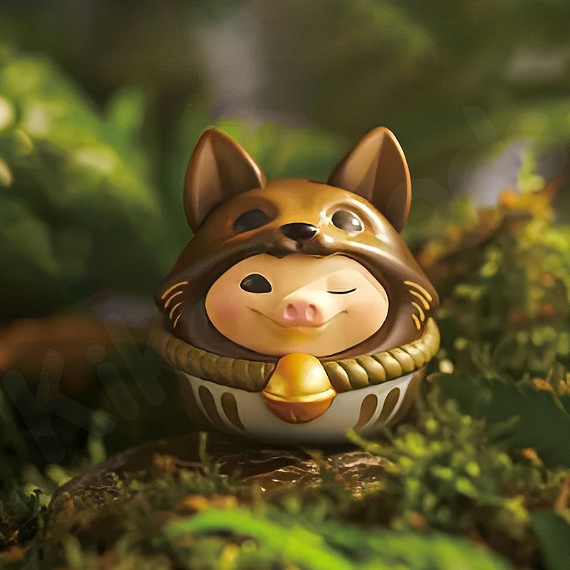 Toy figure of a fox with a gold bell on a green background