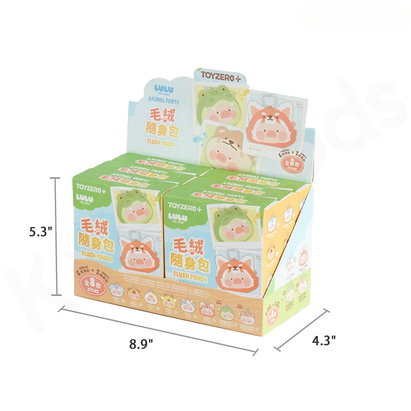 Packaging of plush toy packages with dimensions labeled