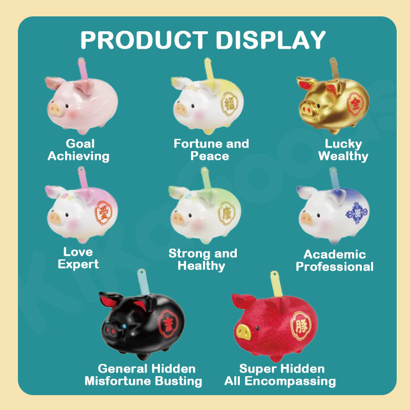Various piggy bank figurines with different colors and text labels on a teal background