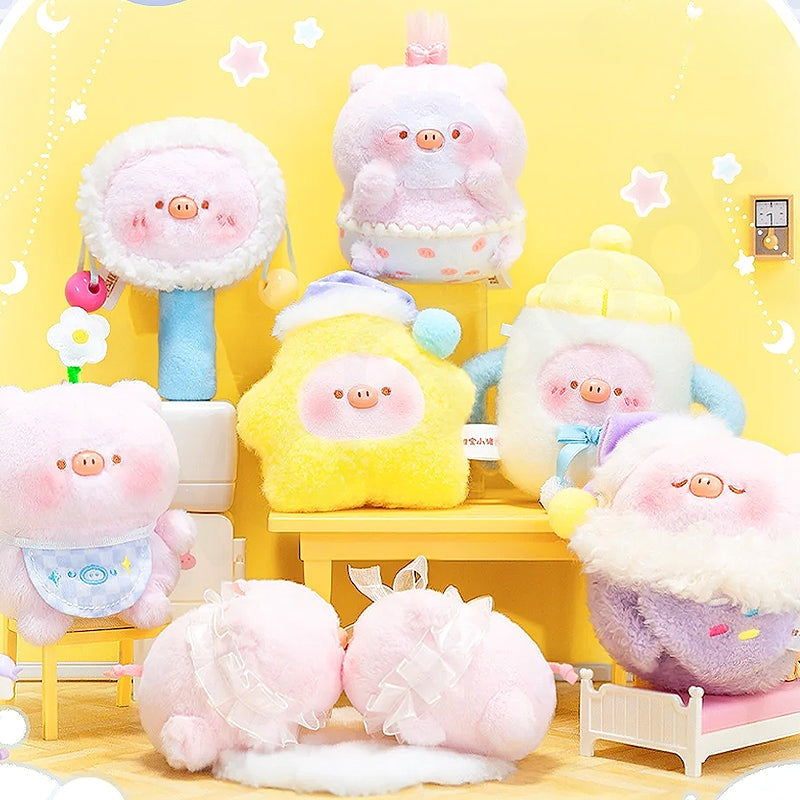 Collection of cute plush toys with a yellow background