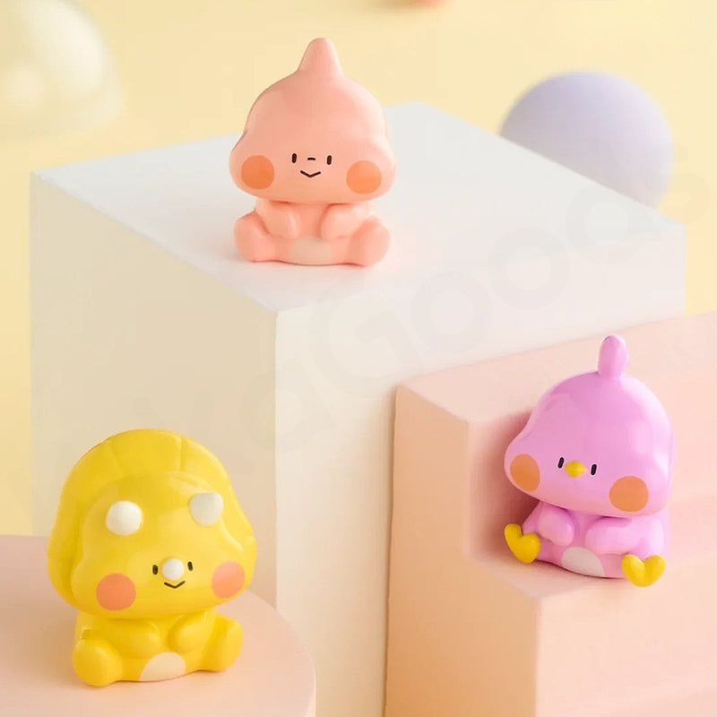 Three colorful cartoon-like figurines on a geometric background
