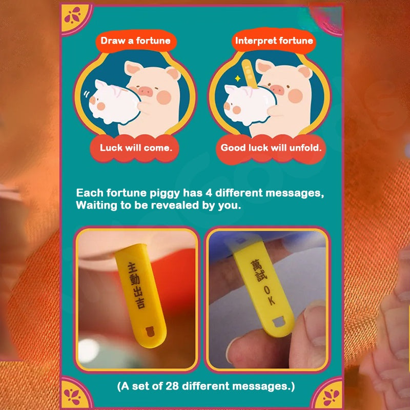 Card with cartoon pigs and text about drawing and interpreting fortunes, with a focus on good luck.