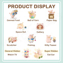 Illustrations of various cat toys with labels on a light blue background