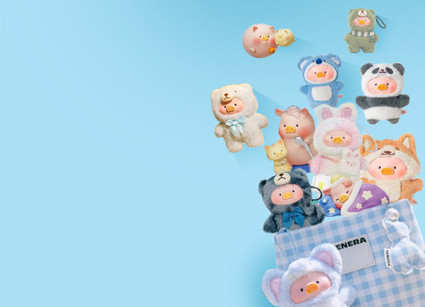 Collection of small animal figurines on a blue background with a visible brand name.