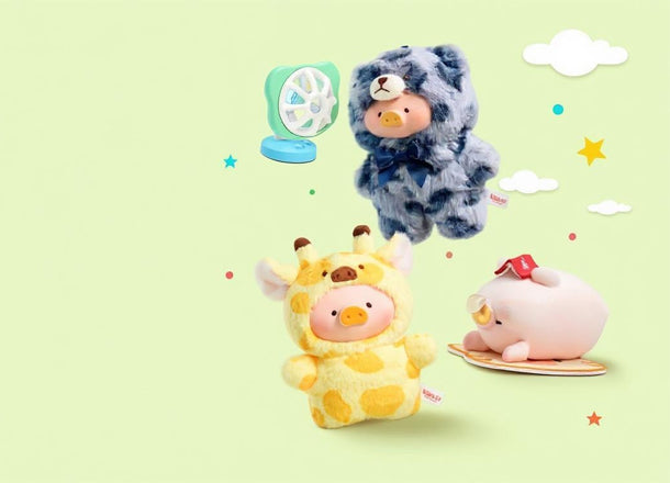 Four colorful plush toys on a light green background with stars and clouds.