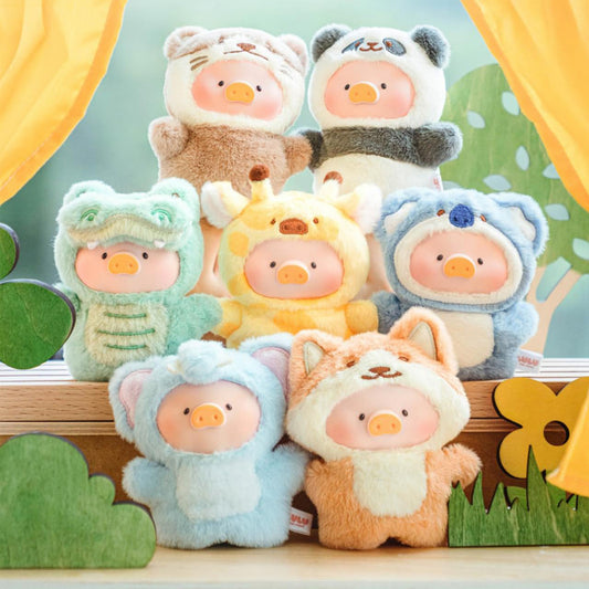 Set of plush toys in animal costumes with a colorful background