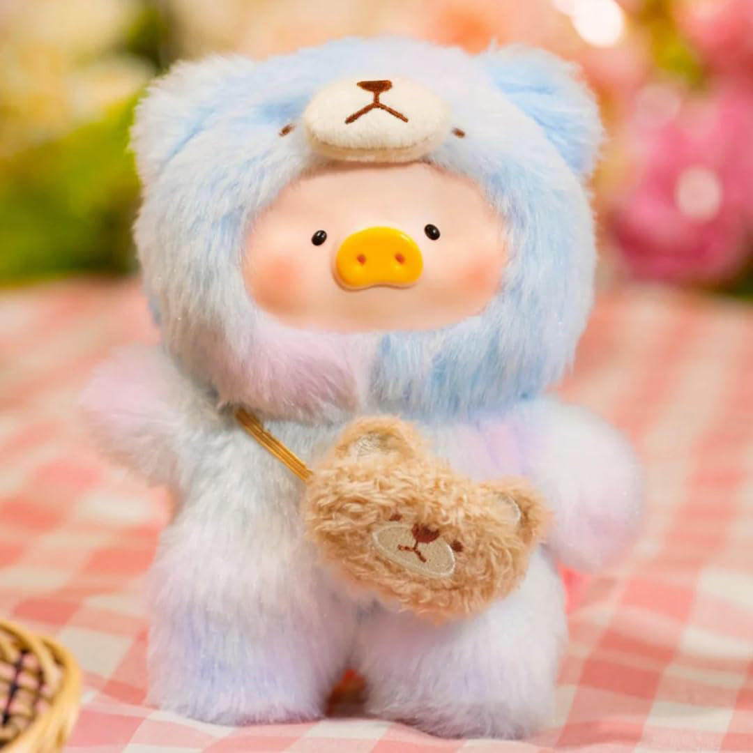 Cute plush toy with a blue hood and yellow beak on a checkered fabric background