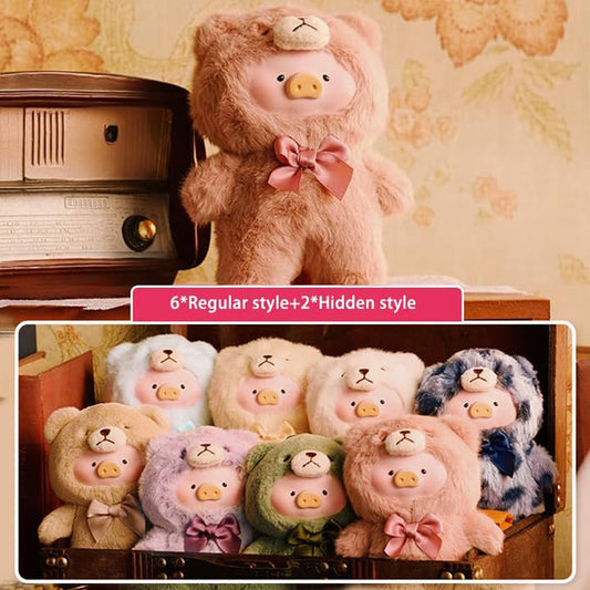Plush toy bear with a bow tie in front of a vintage radio, with additional plush toys displayed below.