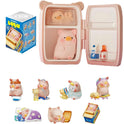 Set of small pig figurines with a pink container and packaging on a white background