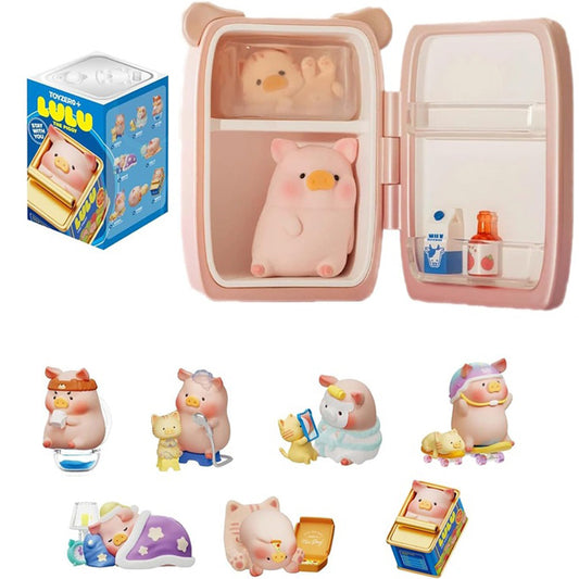 Set of small pig figurines with a pink container and packaging on a white background