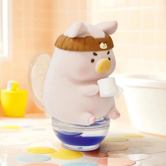 Plush toy with a transparent glass base on a colorful surface