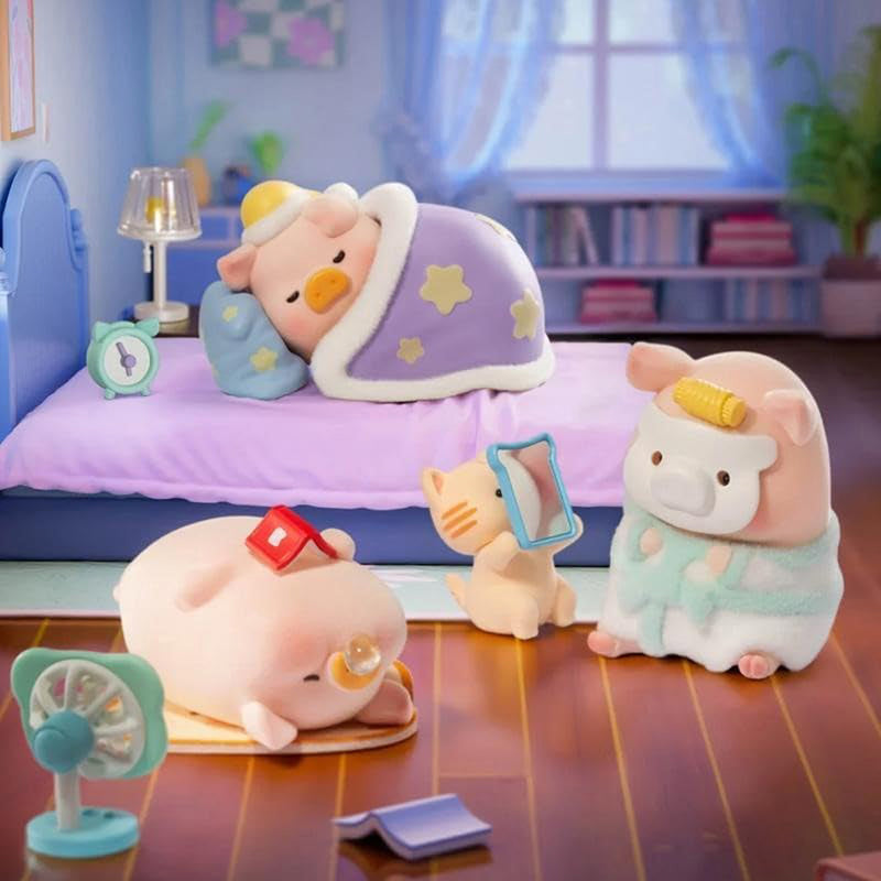 Cute plush toys in a bedroom setting with a bed, lamp, and books.