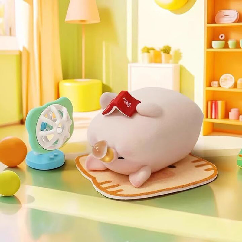 Pink cartoon piggy bank with a red star on its head in a colorful room.