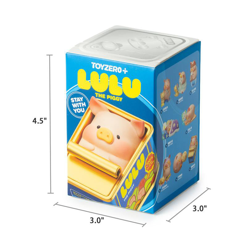Toy packaging for 'Lulu the Piggy' with dimensions and branding details.