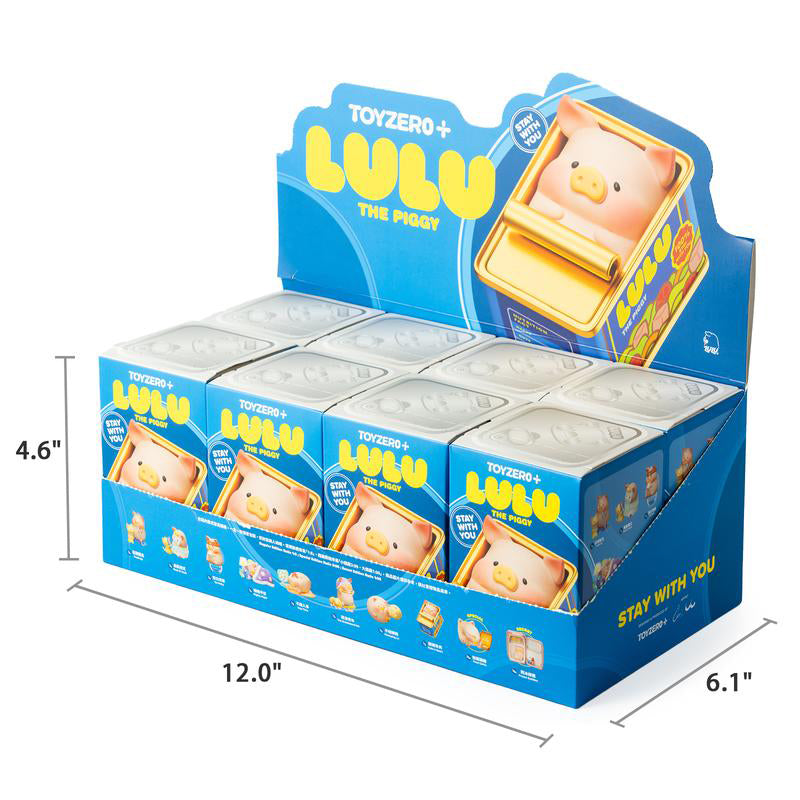 Display box of 'Lulu the Pug' toy with dimensions on a white background